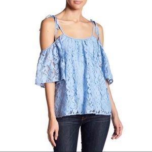 Parker Tessy floral lace cold shoulder light blue top size xs